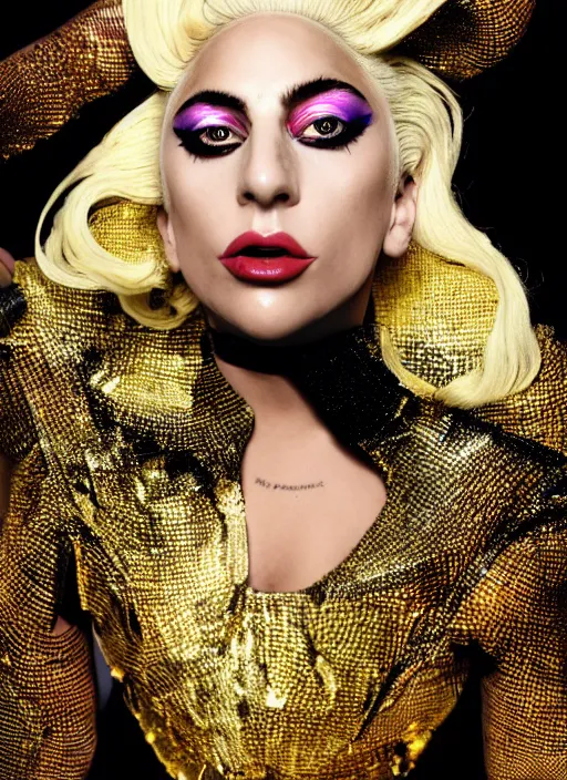 Image similar to lady gaga styled by nick knight posing , high fashion themed, archive pieces, vogue magazine, Highly realistic. High resolution. Highly detailed. Dramatic. 8k.4k.