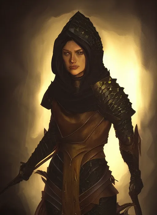 Image similar to A fantasy comic book style portrait painting of Joan of Arch but has lizard head. Atmospheric dark fortress, unreal 5, DAZ, hyperrealistic, octane render, RPG portrait, ambient light, dynamic lighting,