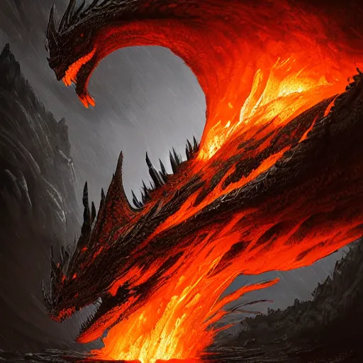 Prompt: dragon made of molten stone dripping with lava rising from the ground, digital art, highly detailed, intricate, tense atmosphere, menacing, scary, 8 k, by greg rutkowski