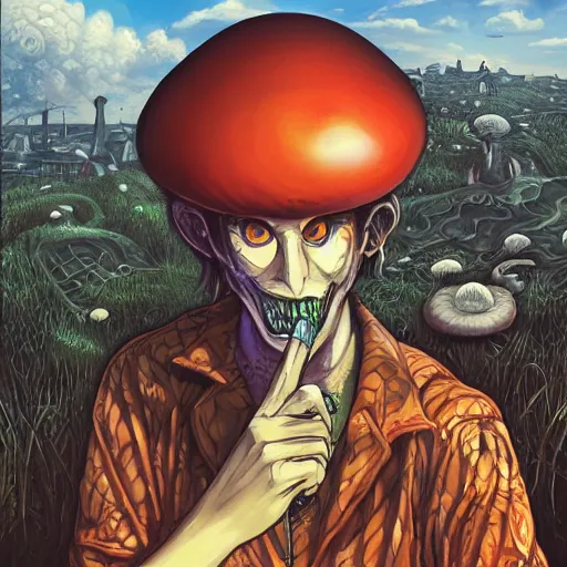 Image similar to A centered chest up portrait of a psychedelic demonic anthropomorphic snake smoking a hand-rolled cigarette smoking heavily , magic mushroom village in background , award winning. superb resolution. in the art style of junji Ito and greg rutkowski . Detailed Mushroom city in background. Hyper realistic anime. Perfect art. Dalle2