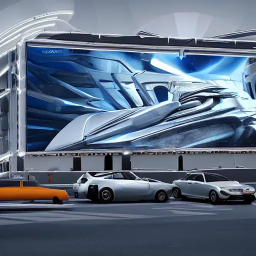 Image similar to sci-fi cars 30% of canvas in center and wall near structure on the coronation of napoleon painting and digital billboard in the middle and everything in style of zaha hadid and suprematism forms unreal engine 5 keyshot octane artstation trending ultra high detail ultra photo realistic 8k 16k in plastic dark tilt shift