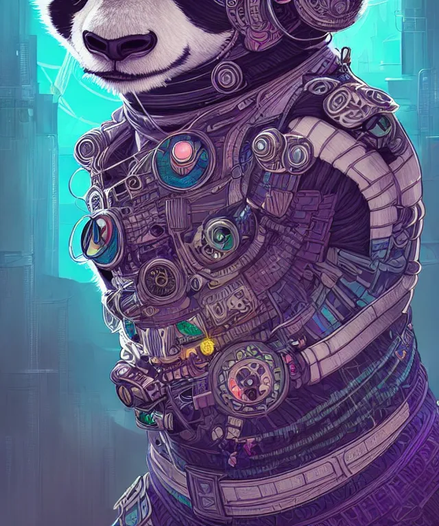 Prompt: a portrait of a cyberpunk panda, mandala, fantasy, intricate, elegant, highly detailed, digital painting, artstation, concept art, matte, sharp focus, illustration, art by josan gonzalez