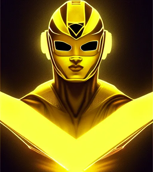 Image similar to symmetry!! yellow ranger, thunderbolt shaped viser!! solid cube of light, hard edges, product render retro - futuristic poster scifi, lasers and neon circuits, brown skin man egyptian prince, intricate, elegant, highly detailed, digital painting, artstation, concept art, smooth, sharp focus, illustration, dreamlike, art by artgerm