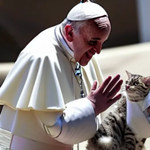 Image similar to Pope Francis holdingh a alien cat