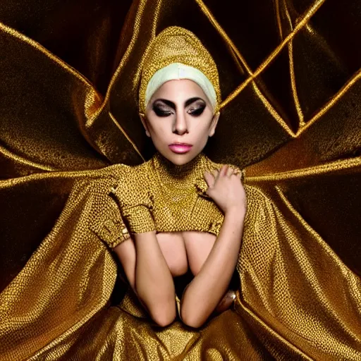 Prompt: detailed conceptual photography lady gaga wear gold elegant hijab / dramatically / model / nature / center of interest