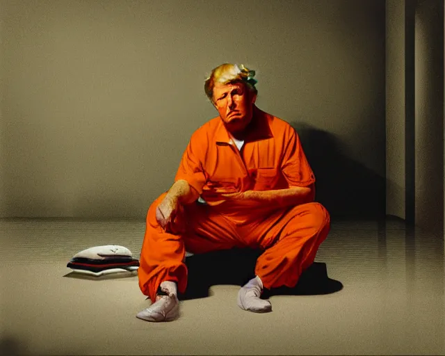 Image similar to a portrait of Donald trump sitting on the floor of a filthy jail cell lit by spotlight, dimly lit, wearing a orange jumpsuit in jail by craig mullins and norman rockwell, octane, 35mm photo,