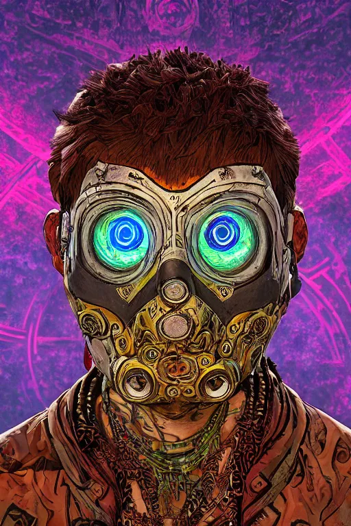 Image similar to tribal vodoo mask eye deepdream radiating a glowing aura global illumination ray tracing hdr fanart arstation by ian pesty and katarzyna da „ bek - chmiel that looks like it is from borderlands and by feng zhu and loish and laurie greasley, victo ngai, andreas rocha, john harris wooly hair cut feather stone