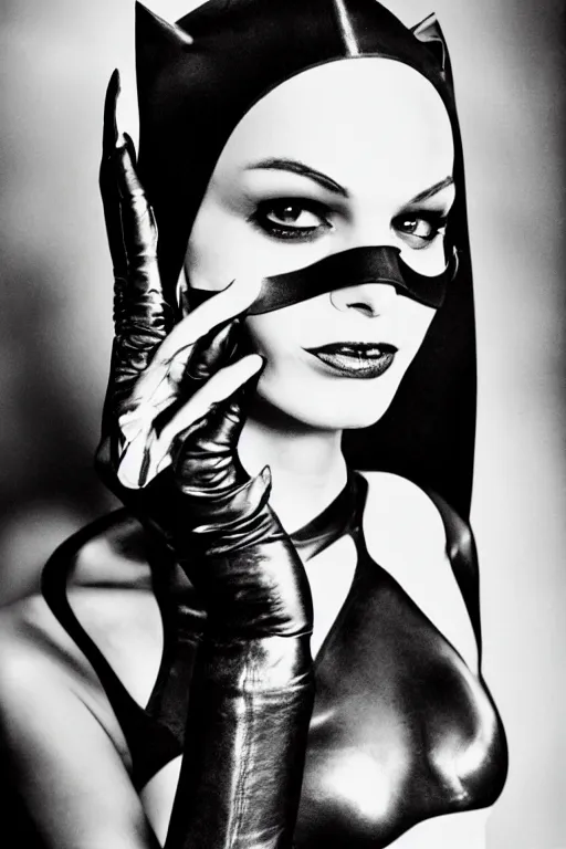 Image similar to photograph of Catwoman by Peter Lindbergh, portrait,