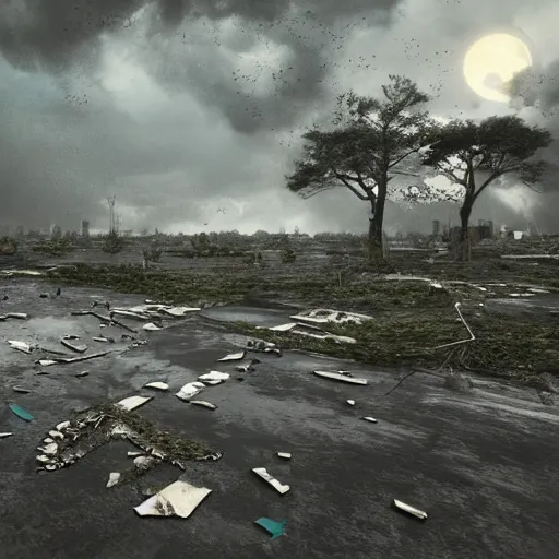 Prompt: buildings and dead trees floating in the space, atmosphere, cinematic, chaotic and realistic, 8 k, storm background, art by rachel walpole and jeszika le vye