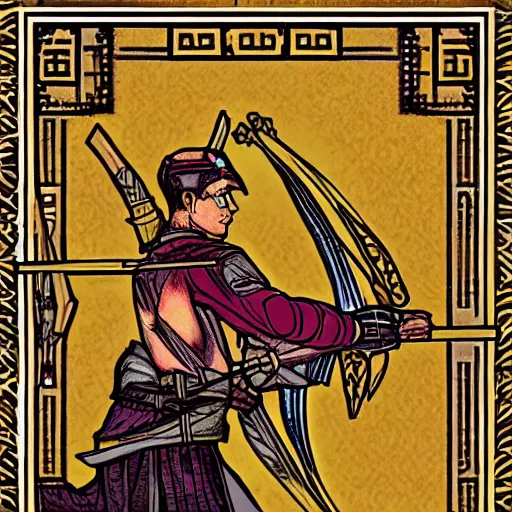 Prompt: taro card with an archer, art deco, trending on devianart, detailed