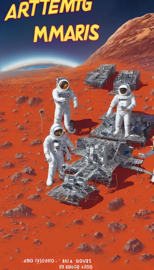 Image similar to movie poster of astronauts mining on mars, highly detailed, large text, bright colours, animated