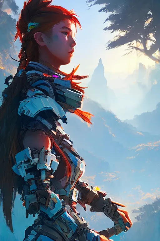 Image similar to combination suit armor aloy horizon forbidden west horizon zero dawn radiating a glowing aura global illumination ray tracing hdr fanart arstation by ian pesty and alena aenami artworks in 4 k tribal robot ninja mask helmet backpack