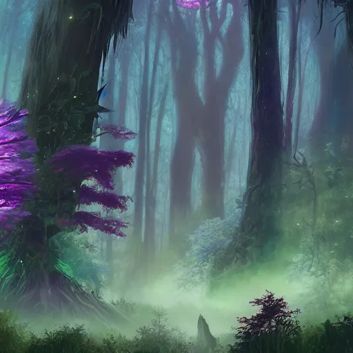 Image similar to concept art painting of a mystical alien fantasy forest, with fog and strange colorful plants, realistic, detailed, cel shaded, magenta and blue and green, in the style of makoto shinkai and greg rutkowski and james gurney