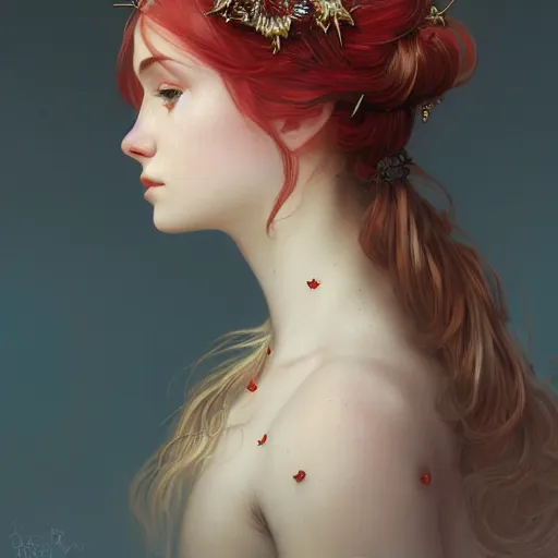 Prompt: portrait of very beautifull girl, thorn rose crown, thorn everywhere, headshot, pale skin, 4k, rule of thirds, extreme detail, detailed drawing, trending artstation, hd, fantasy, D&D, realistic lighting, by Alphonse Mucha, Greg Rutkowski, sharp focus, backlit, bright red hair, elegant