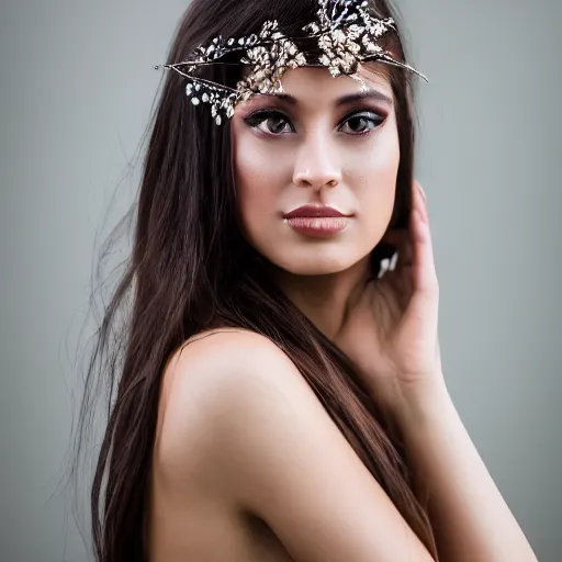 Image similar to a portrait of a beautiful female model, beauty shot, glamor pose, photography, headshot, headpiece, female character, canon eos r 3, f / 1. 4, iso 2 0 0, 1 / 1 6 0 s, 8 k, raw, unedited, symmetrical balance, in - frame