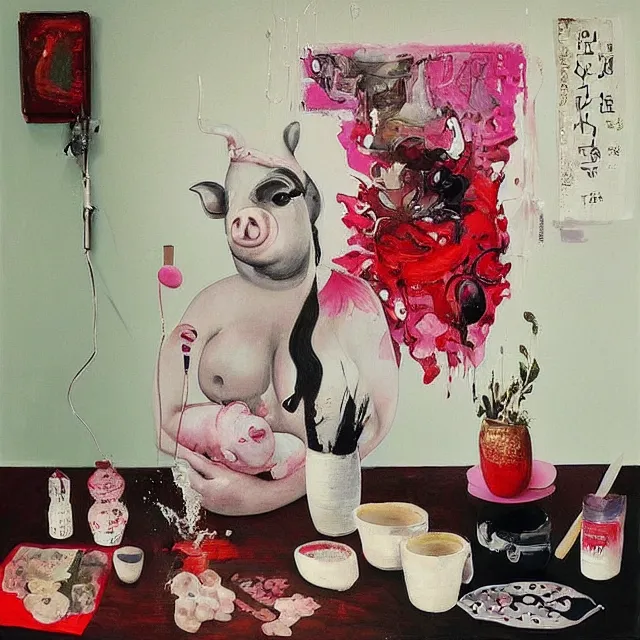 Image similar to “ a portrait in a female art student ’ s apartment, sensual, a pig theme, pork, art supplies, surgical iv bag, octopus, ikebana, herbs, a candle dripping white wax, japanese pottery, squashed berries, berry juice drips, acrylic and spray paint and oilstick on canvas, surrealism, neoexpressionism ”