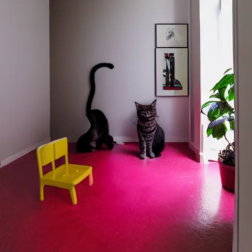 Image similar to color studio photo of a cats filled floor to ceiling in a bedroom