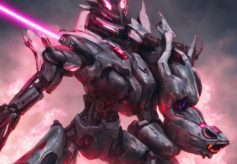 Image similar to epic cinematic shot of stunning beautiful hot anthropomorphic mecha female dragon fighting in the apocalypse with laser rifle, has silver armor and fuchsia skin, apocalypse, warframe fanart, terminator art, epic scale, furaffinity, deviantart, octane