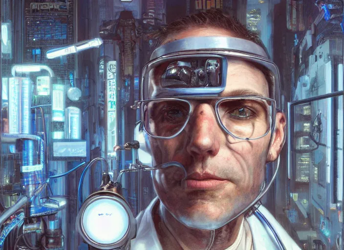 Prompt: a highly detailed cyberpunk portrait of a dentist, james gurney, james jean