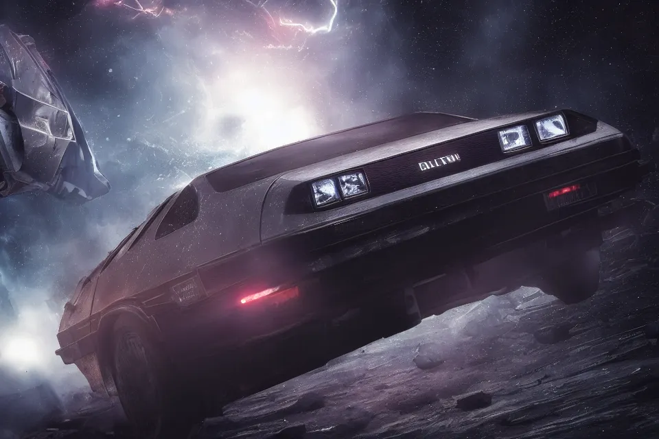 Prompt: ultra realistic delorean dmc 5 drifting on an ancient space highway wreckage in space, dark cinematic, volumetric, realistic, 3 d render, realistic render, cinematic lighting, volumetric lighting, atmospheric, cinematic, unreal engine 5, unreal engine render, octane render, hd, photorealism, hyper realistic, photo, 8 k