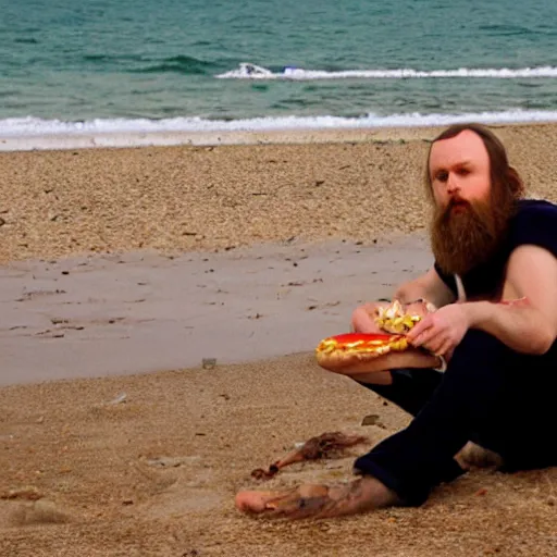 Prompt: burzum eating hamburgers on the beach