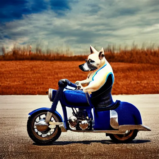 Image similar to blue heeler dog on a motorcycle, 8 k photography, blurred background of a wafflehouse