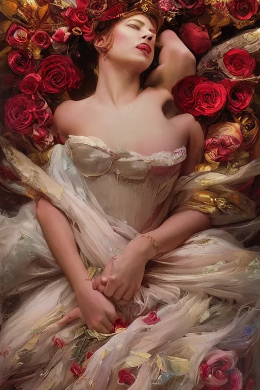 Prompt: an intricate artistic pose painting of a beautiful young lady in an artistic pose over a bed of roses with painterly motives and textures, american beauty movie poster inspired, hyper detailed, sleeping beauty, octane render, vivid colors, artstation, by jeremy mann, by alphonse mucha, by boris vallejo