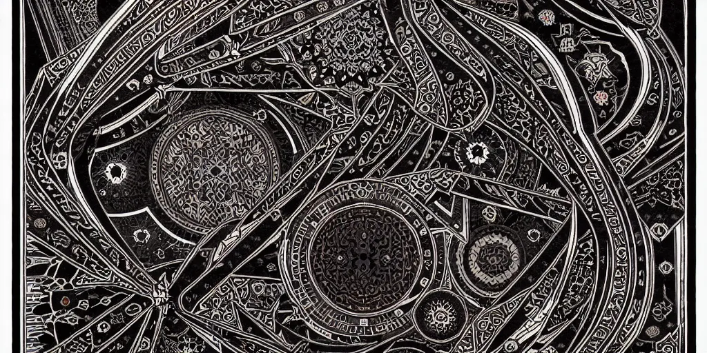 Image similar to ancient ornate carpet, high details, bold line art, by vincent di fate and joe fenton, inking, etching, screen print, masterpiece, trending on artstation, sharp, high contrast, hyper - detailed,, hd, 4 k, 8 k