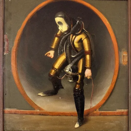 Image similar to 19th century romantic painting of a deep see atmospheric diving suit salvaging a submarine