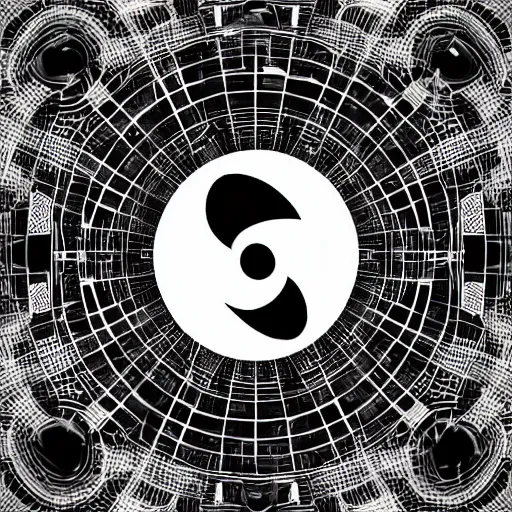 Image similar to a faint yin - yang daoist symbol superimposed on the futuristic cityscape in a utopian well - organized society, black and white multiscale