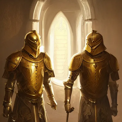 Image similar to 2 knights wearing gold armor guarding a door, artstation, volumetric lighting, exquisite detail, octane render, 8 k postprocessing, fantasy, medieval, highly detailed, art by greg rutkowski