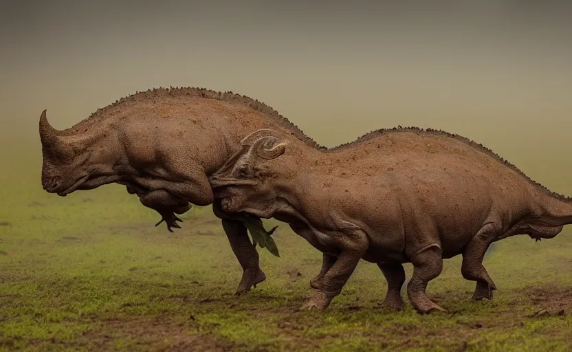 Image similar to nature photography of a rain soaked triceratops and her baby, african savannah, rainfall, mud, fog, digital photograph, award winning, 5 0 mm, telephoto lens, national geographic