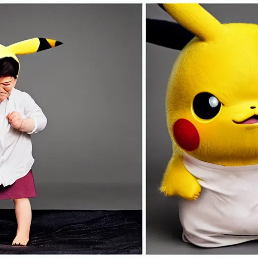 Image similar to sneezing cute detective sneezing pikachu wiping face with rag at a photoshoot studio lighting by annie leibovitz