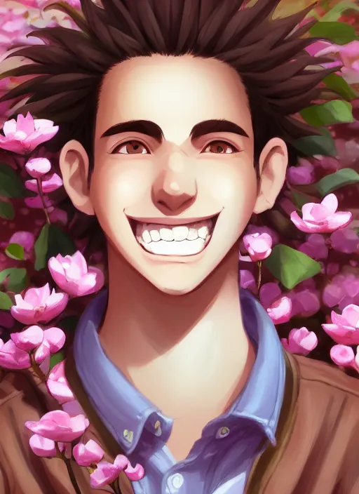 Image similar to a white young man with a big smile, prominent big eyes, wise forehead, big lips, round portruding chin, background full of brown flowers, standout colours, thin sharp lines, digital painting, artstation, matte, sharp focus, illustration, realistic anime moe artstyle