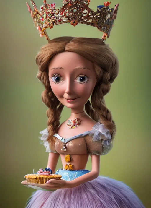 Image similar to closeup face profile portrait of tin toy felicity kendal as a fairytale princess wearing a crown eating cakes, bikini, depth of field, zeiss lens, detailed, symmetrical, centered, fashion photoshoot, by nicoletta ceccoli, mark ryden, lostfish, breathtaking, 8 k resolution, extremely detailed, beautiful, establishing shot, artistic, hyperrealistic, octane render