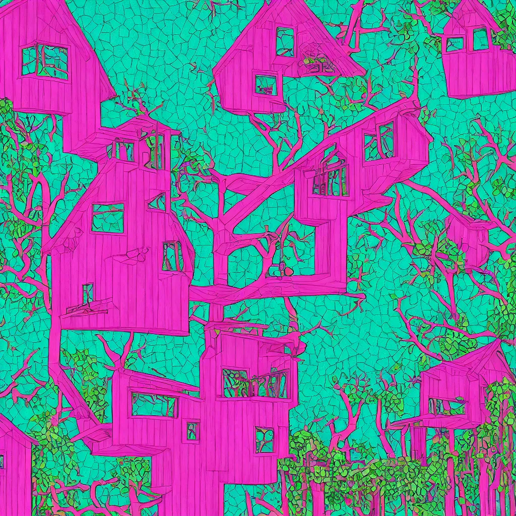 Prompt: heironymous bosch mc escher colorful fuchsia cerulean sinister cabin in the woods