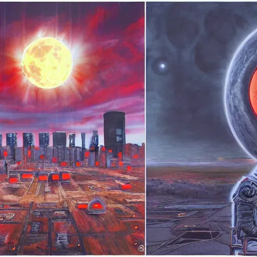 Image similar to surreal, nuclear blast and a full red moon eclipse, cyberpunk, art by jeff lyons, sandra pelser, art by bryen frost