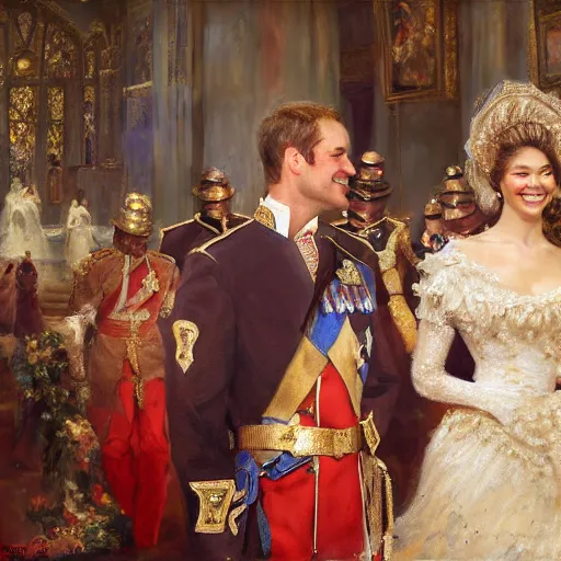 Image similar to detailed painting of prince william marrying attractive gigi hadid, highly detailed painting by gaston bussiere, craig mullins, j. c. leyendecker 8 k, 4 k, smiling couple, royal painting, human face, watercolor, realistic human