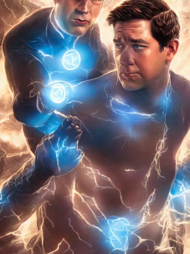 Prompt: john krasinski as Mr. Fantastic, close up, intricate, looking at camera, extremely detailed, sharp focus, concept art, illustration, sci-fi, volumetric lighting, art by Alex Ross