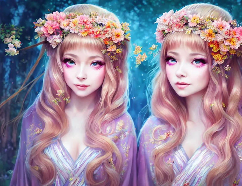 Image similar to two beautiful fashion siberian girls wear fantasy kimono in festival | | big eyes, sunny, dreamlike art, realistic shaded, smile, good looking, hyper details, 4 k realistic, cryengine, realistic shaded lighting poster by artgerm, ross tran, fuji choko, loish, 8 k resolution, trending on artstation, luxury