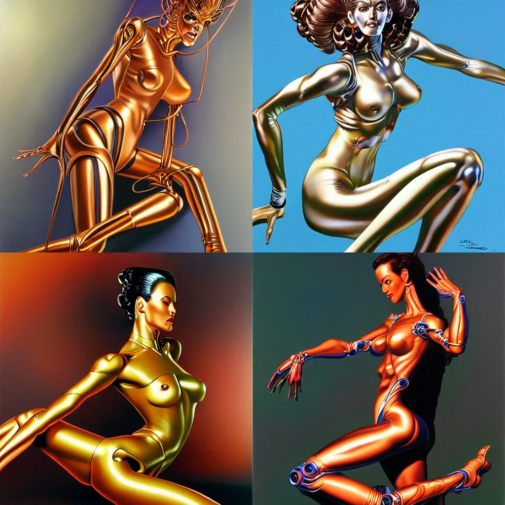 Prompt: hyperdetailed airbrush painting of entangled female android legs and arms, by hajime sorayama and boris vallejo