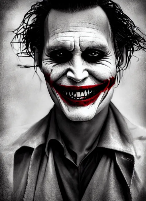 Image similar to photo of Johnny Depp as the Joker by Lee Jeffries , big smile, head shot, detailed, award winning, Sony a7R