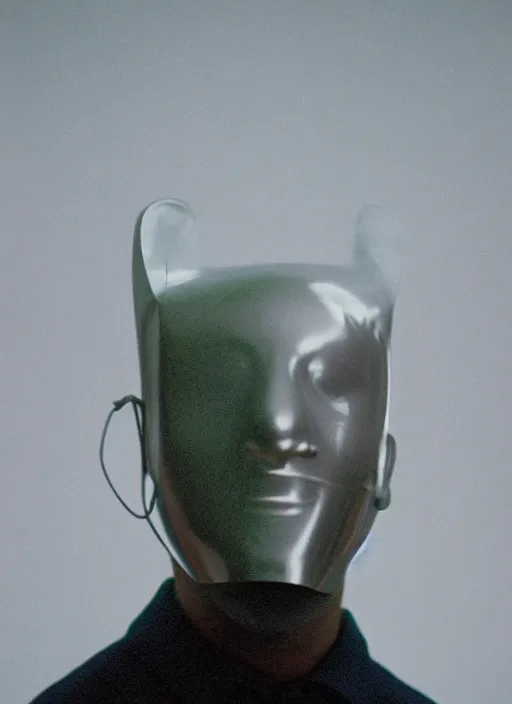 Image similar to a fashion portrait photograph of a man wearing a plastic mask designed by james turrell, 3 5 mm, color film camera,