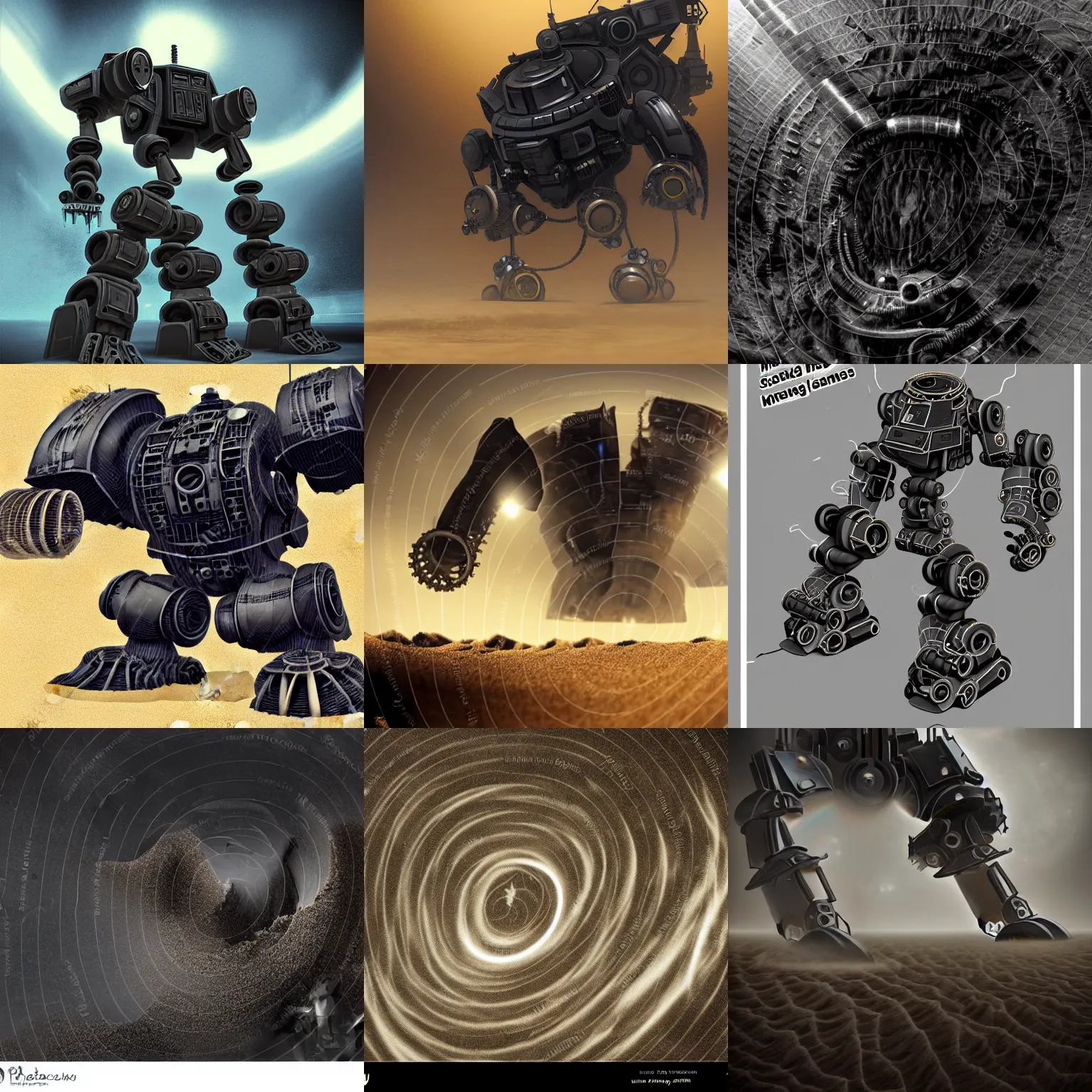 Prompt: dark black heavy thick dense sandstorm swirling, spinning, rotating and almost covering a ruin mega mech humanoid which is broken down, decomposition, disintegrating, disappearing, exposing screw, nut, pipe, circuits, wires