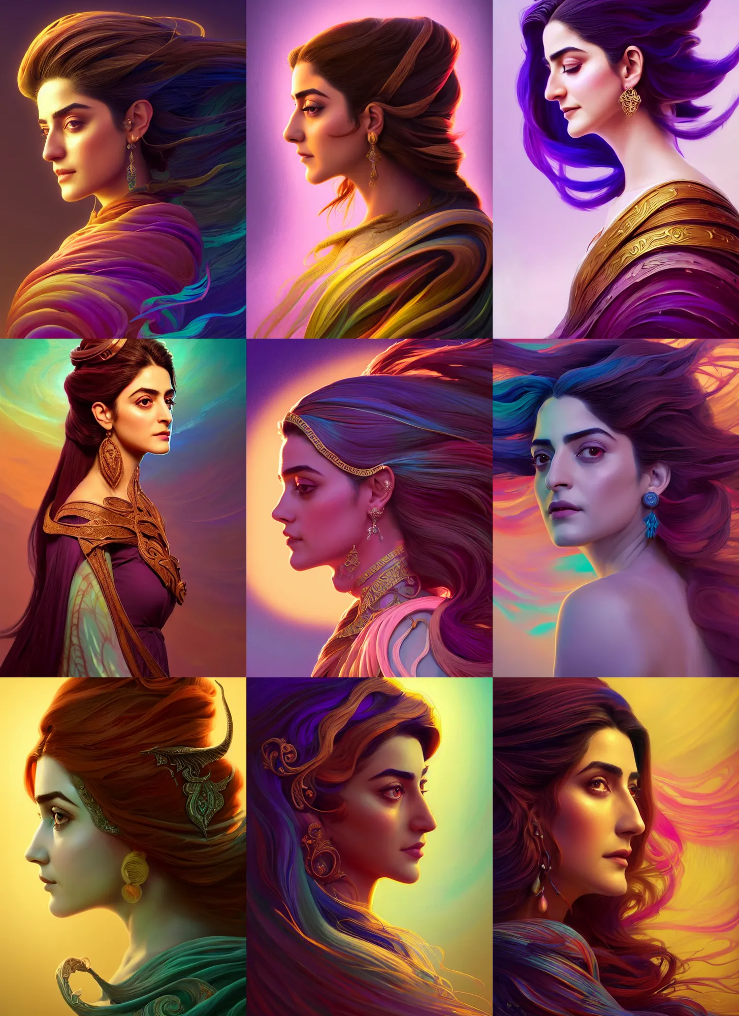 Prompt: side profile painted portrait, maya ali as a wind sorceress, d & d, gloomhaven, soft luminescent glow, art nouveau, beautifully backlit, ripples, swirly vibrant color lines, fantastically gaudy, aesthetic octane render, 8 k hd resolution, by picasso, ilya kuvshinov, cushart krentz, gilleard james