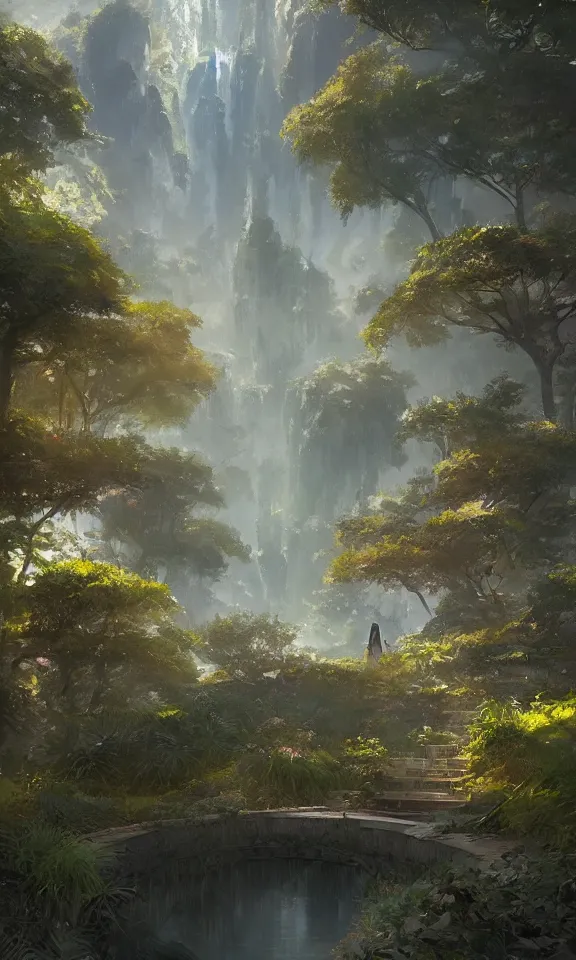 Image similar to the garden of inner peace, digital art, greg rutkowski,Quentin Mabille and Makoto Shinkai,trending on artstation and deviantart