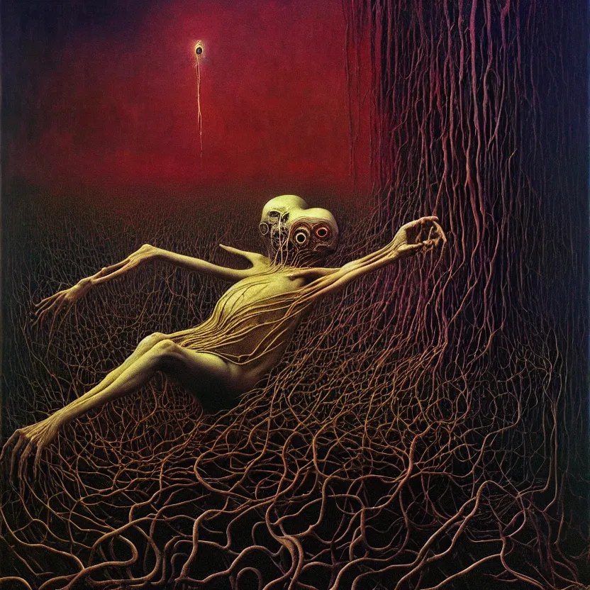 Image similar to a living nightmare, cosmic horror, by zdzisław beksinski and esao andrews and salvador dali, oil on canvas, mixed media, abstract, surreal, horror, dark, intricate textures