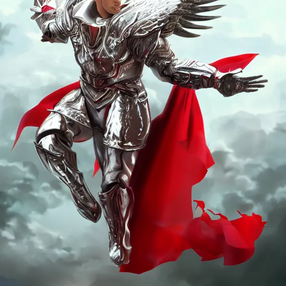 Image similar to cinematic full body shot of a male angel flying, white metallic armor, red cape, elegant pose, detailed arms, detailed white armor, two arms, two legs, detailed fanart, rpg art, d&d art, macro art, digital art, DeviantArt, artstation, 8k HD