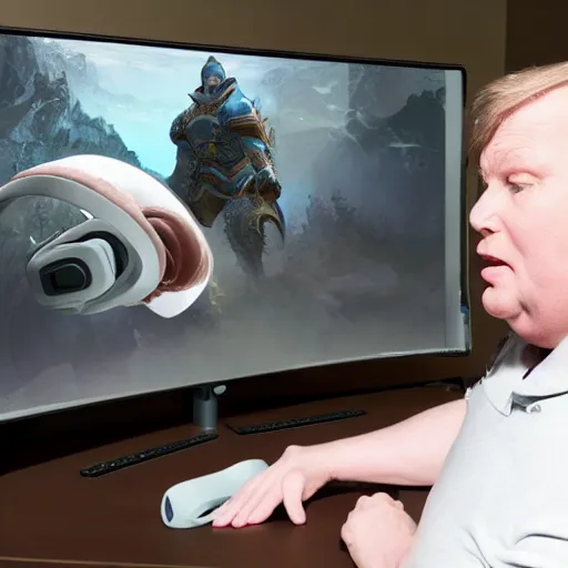 Image similar to obese Adam West wearing a headset yelling at his monitor while playing WoW highly detailed wide angle lens 10:9 aspect ration award winning photography