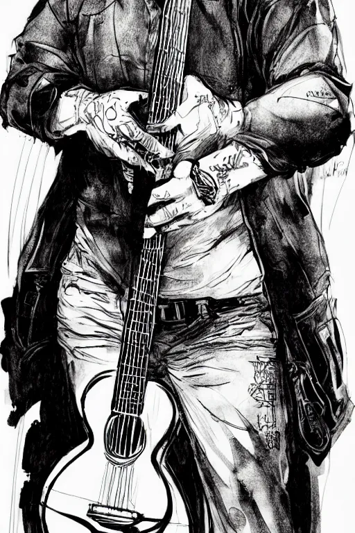 Image similar to full body portrait of dave matthews with an acoustic guitar, concept art, sumi - e style, intricate linework, artstation, trending, highly detailed, smooth, focus, art by yoji shinkawa and glenn fabry,